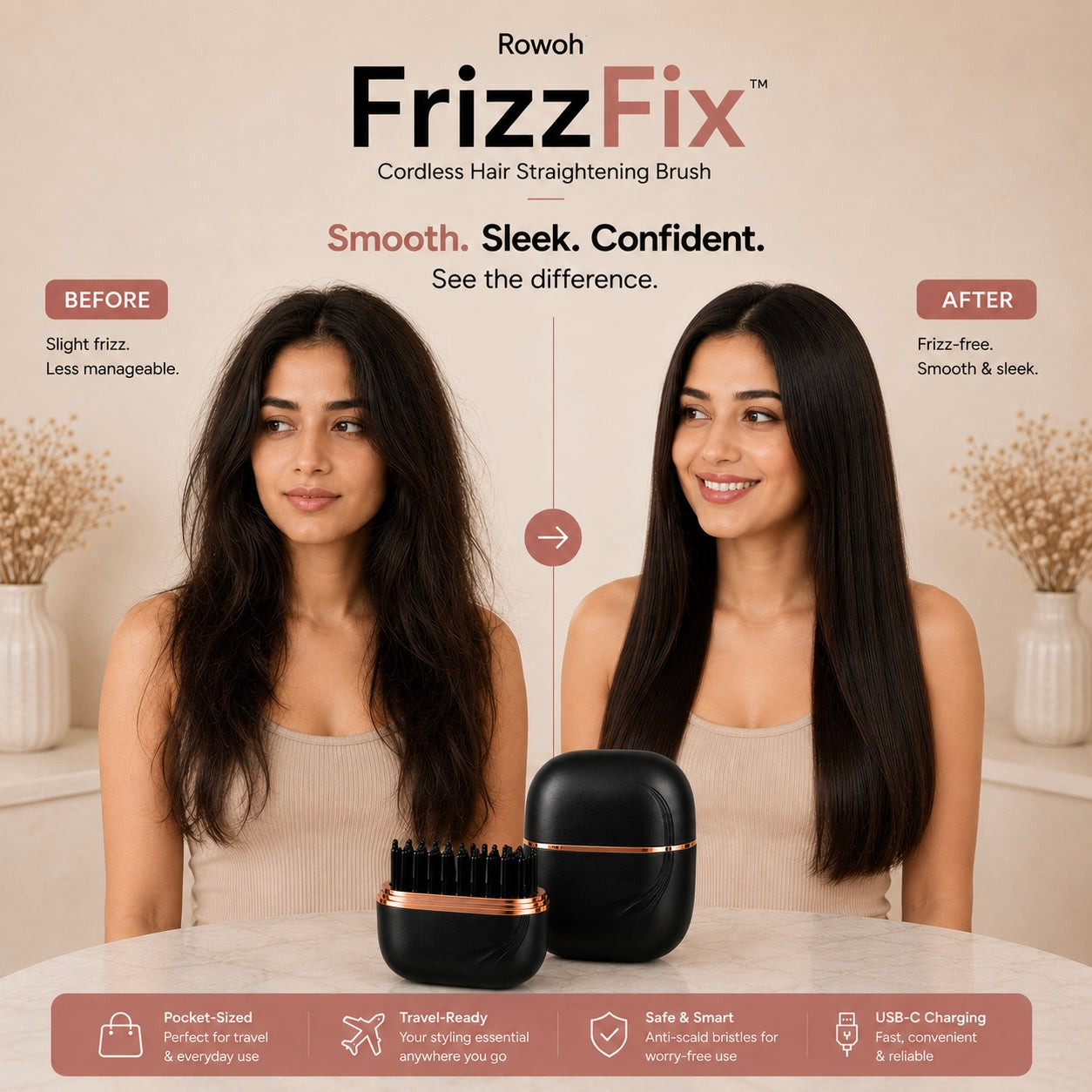Rowoh FrizzFix™Cordless Hair Straightening Brush